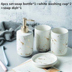 Bathroom Accessory Set Marble Ceramic Soap Dispenser Pump Bottle Mouthwash Cup Soap Dish Washing Tools Home Couple Gift