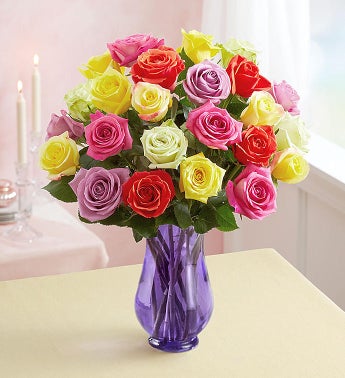 1-800-Flowers Two Dozen Assorted  Roses with Purple Vase - Beijooo