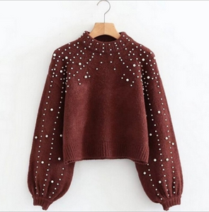 pearls polo neck cold season weave sweater female longer sleeved gray pullover young female warm season casual wear cardigan - Beijooo