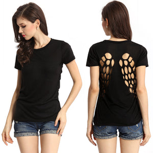 Women Fashion Summer Sexy Round Neck Hollow Wings Short Sleeve T-shirt Top - Beijooo