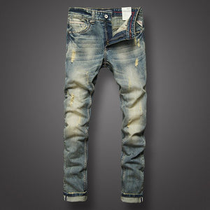 Italian styling trendy Mens Jeans Retro print
 thin Fit jean
 torn
 Jeans Mens Pants Brand dressing
 Nostalgia Color Biker Jeans - Beijooo