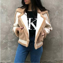 Load image into Gallery viewer, Warm brownish-yellow
 fur cold season
 woman coat  zip chain
 pocket faux fur jacket coat female casual wear
 patched work
 suede cloth
 outerwear season - Beijooo