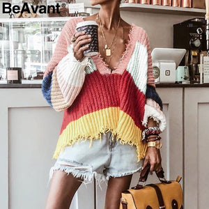 Knitting casual wear
 rainbow cold season
 young lady
 sweater hanging
 not fitting tightly
 overside sweater pullover V neck season
 ladies cardigan - Beijooo