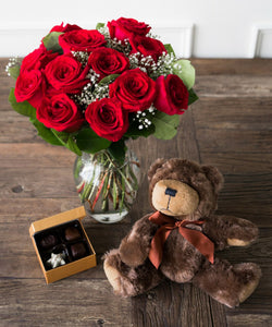 One Dozen Red Roses with Godiva Chocolate and Stuffed Teddy Bear - Beijooo
