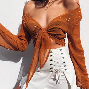exciting V Neck lacework
work
 Womens Tops &
 blouses


 Sashes Bow having space
 Out blouses
 femininas harajuku blouses
 fashion woman - Beijooo