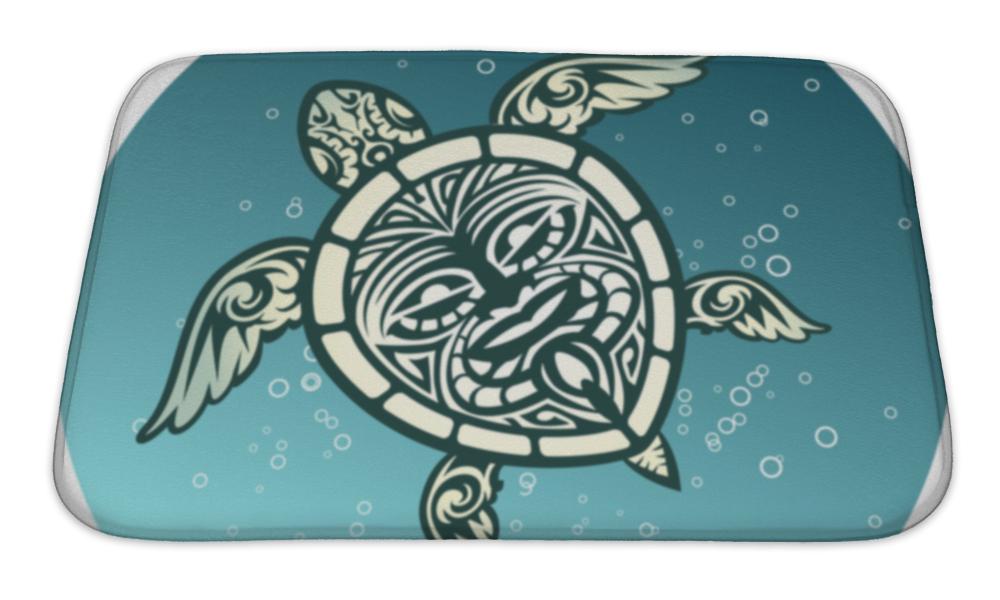 Bath Mat, Swimming Sea Turtle With Polynesian Tribal Pattern - Beijooo