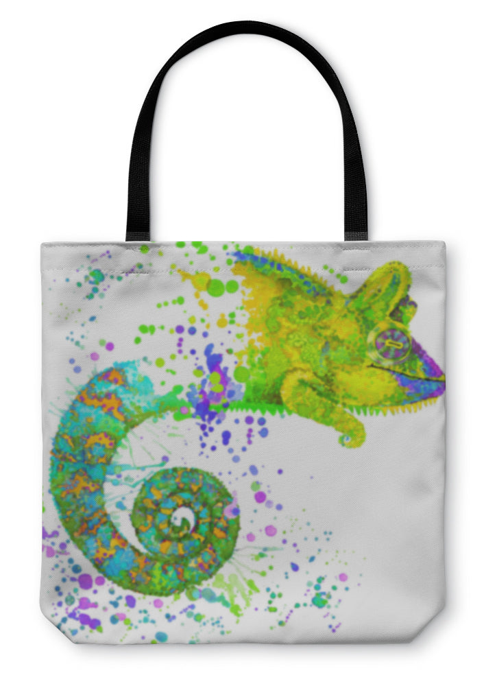 Tote Bag, Chameleon Illustration With Splash Watercolor D - Beijooo