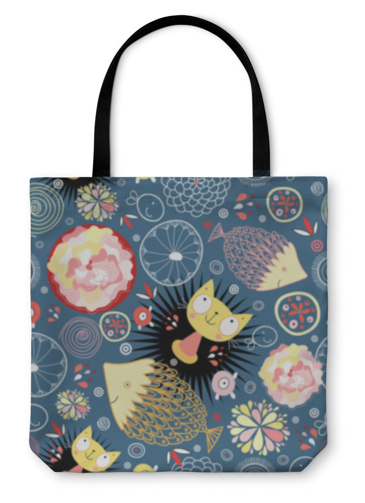 Tote Bag, Floral Pattern With Kittens And Fish - Beijooo