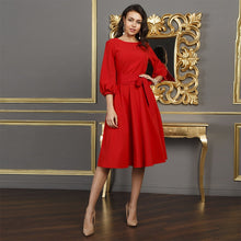 Load image into Gallery viewer, Bandage Party Dress Vintage Bow Tie Women Dress Ladies Lantern Sleeve o Neck Elegant Dress Autumn Fashion Knee Length Dress 2019 - Beijooo