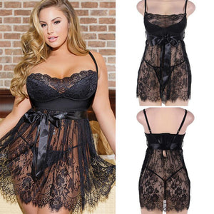 Sexy Erotic Lingerie Women Lace Hollow-out Night Dress Plus Size Pijama Sleepwear See Through Underwear Night Gown Black 5XL - Beijooo