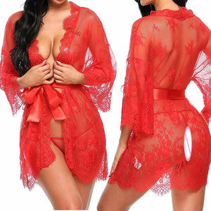 Sexy Women Lingerie Lace Night Dress Sleepwear Nightgown Bandage Deep V G-String See Through Sexy Sheer Sleep Dress 2019 Silky - Beijooo