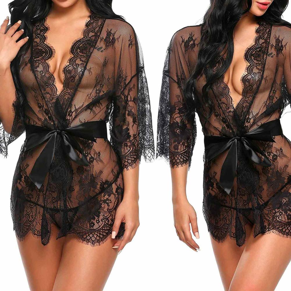 Sexy Women Lingerie Lace Night Dress Sleepwear Nightgown Bandage Deep V G-String See Through Sexy Sheer Sleep Dress 2019 Silky - Beijooo