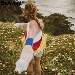Knitting casual wear
 rainbow cold season
 young lady
 sweater hanging
 not fitting tightly
 overside sweater pullover V neck season
 ladies cardigan - Beijooo