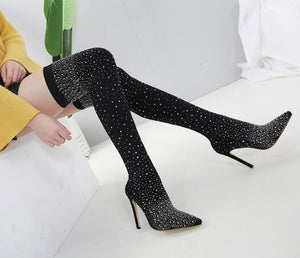Runway Crystal Stretch Fabric Sock Boots Pointy Toe Over-the-Knee Heel Thigh High Pointed Toe Woman Boot - Beijooo