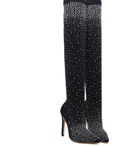 Runway Crystal Stretch Fabric Sock Boots Pointy Toe Over-the-Knee Heel Thigh High Pointed Toe Woman Boot - Beijooo