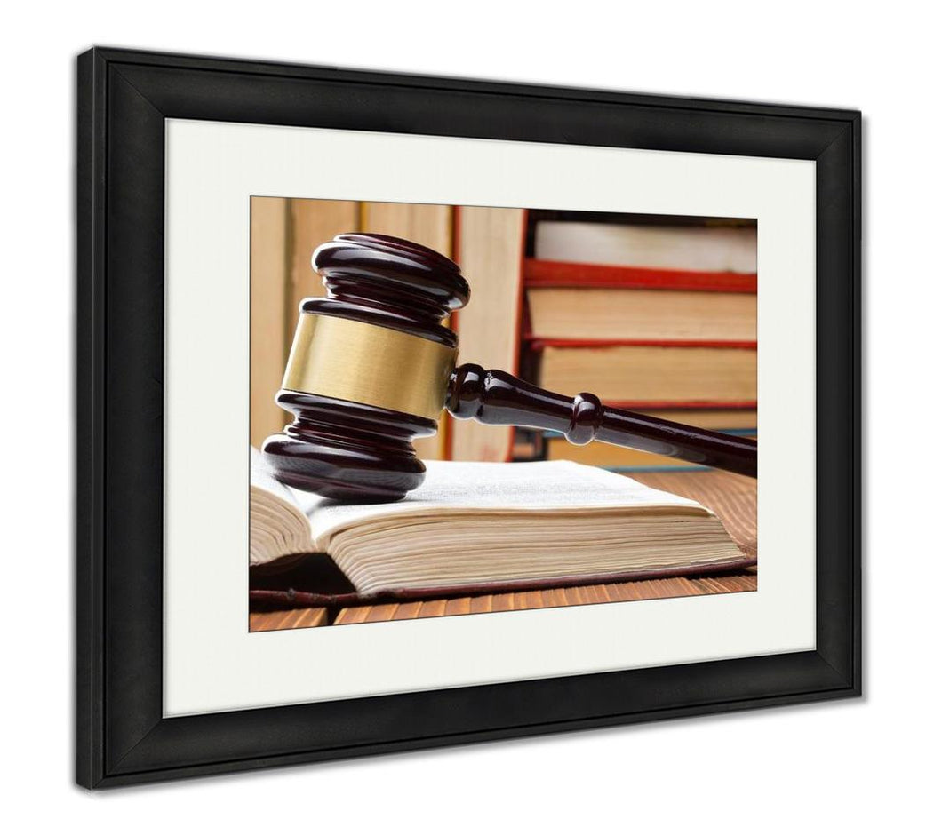 Framed Print, Supreme Court Law Book Wooden Judges Gavel On Table Courtroom - Beijooo