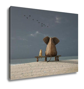 Gallery Wrapped Canvas, Elephant And Dog Sit On A Deserted Beach - Beijooo