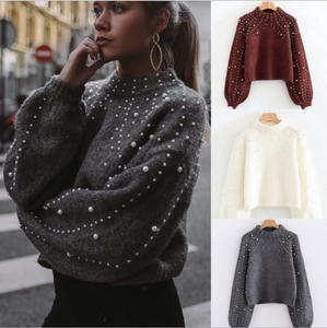 pearls polo neck cold season weave sweater female longer sleeved gray pullover young female warm season casual wear cardigan - Beijooo