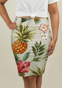 Pencil Skirt with Tropical Flowers with Pineapple - Beijooo