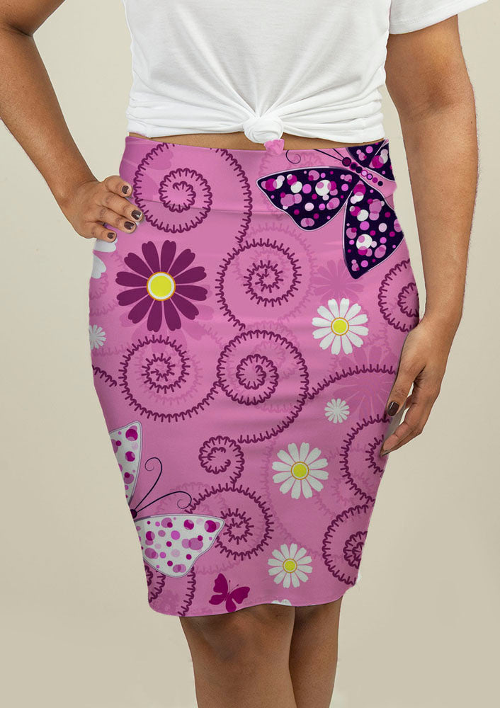 Pencil Skirt with Pink Floral Pattern - Beijooo