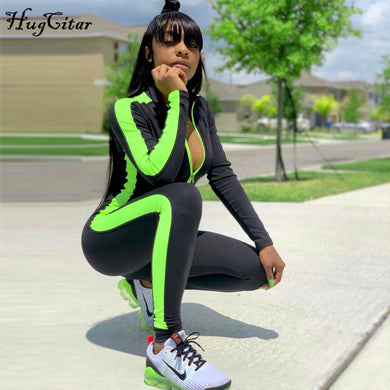 Hugcitar long sleeve striped patchwork zippers jumpsuit 2019 autumn winter stretchy streetwear outfits body - Beijooo