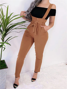 Women Streetwear Long Pants Bandage Design Button Pockets Decor High Waist Pencil Pants Lady Slim Hips Shoulder Straps Trousers - Beijooo