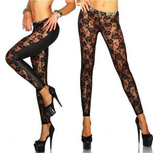 Women Black Rose Floral Lace Faux Leather Leggings Pants Sexy Girls Leggings Gifts Wholesale 1Pcs - Beijooo