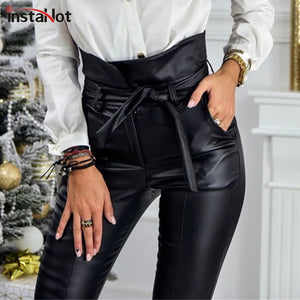 InstaHot Gold Black Belt High Waist Pencil Pant Women Faux Leather PU Sashes Long Trousers Casual Sexy Exclusive Design Fashion - Beijooo