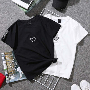 Summer Couples Lovers T-Shirt for Women Casual White Tops Tshirt Women T Shirt Love Heart Embroidery Print T-Shirt Female - Beijooo