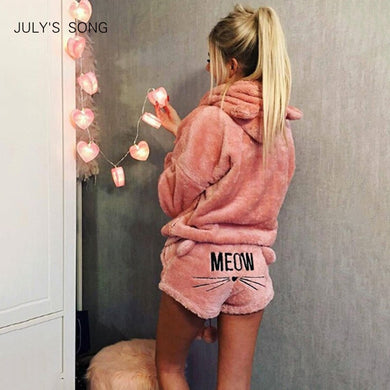JULY'S SONG Women Pajama Sets 2019 Autumn Winter Flannel Cartoon Warm Pyjamas Animal Sleepwear Cat Female Pajama Women Homewear - Beijooo