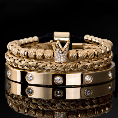 3pcs/set Luxury Micro Pave Crown Roman Royal Charm Men Bracelets Stainless Steel Crystals Bangles Couple Handmade Jewelry