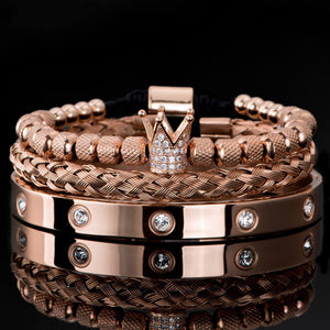 3pcs/set Luxury Micro Pave Crown Roman Royal Charm Men Bracelets Stainless Steel Crystals Bangles Couple Handmade Jewelry