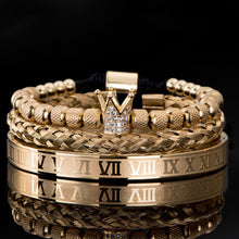 Carregar imagem no visualizador da galeria, 3pcs/set Luxury Micro Pave Crown Roman Royal Charm Men Bracelets Stainless Steel Crystals Bangles Couple Handmade Jewelry