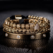 Load image into Gallery viewer, 3pcs/set Luxury Micro Pave Crown Roman Royal Charm Men Bracelets Stainless Steel Crystals Bangles Couple Handmade Jewelry